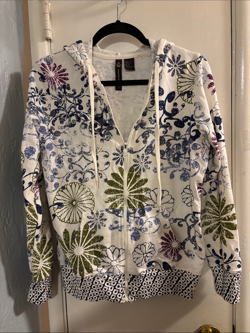 White Floral Zip Hoodie with Blue and Green Accents